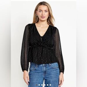 Old Navy Waist-Defined Ruffle-Trim Clip-Dot Top Blue and Gold Sz M NWOT